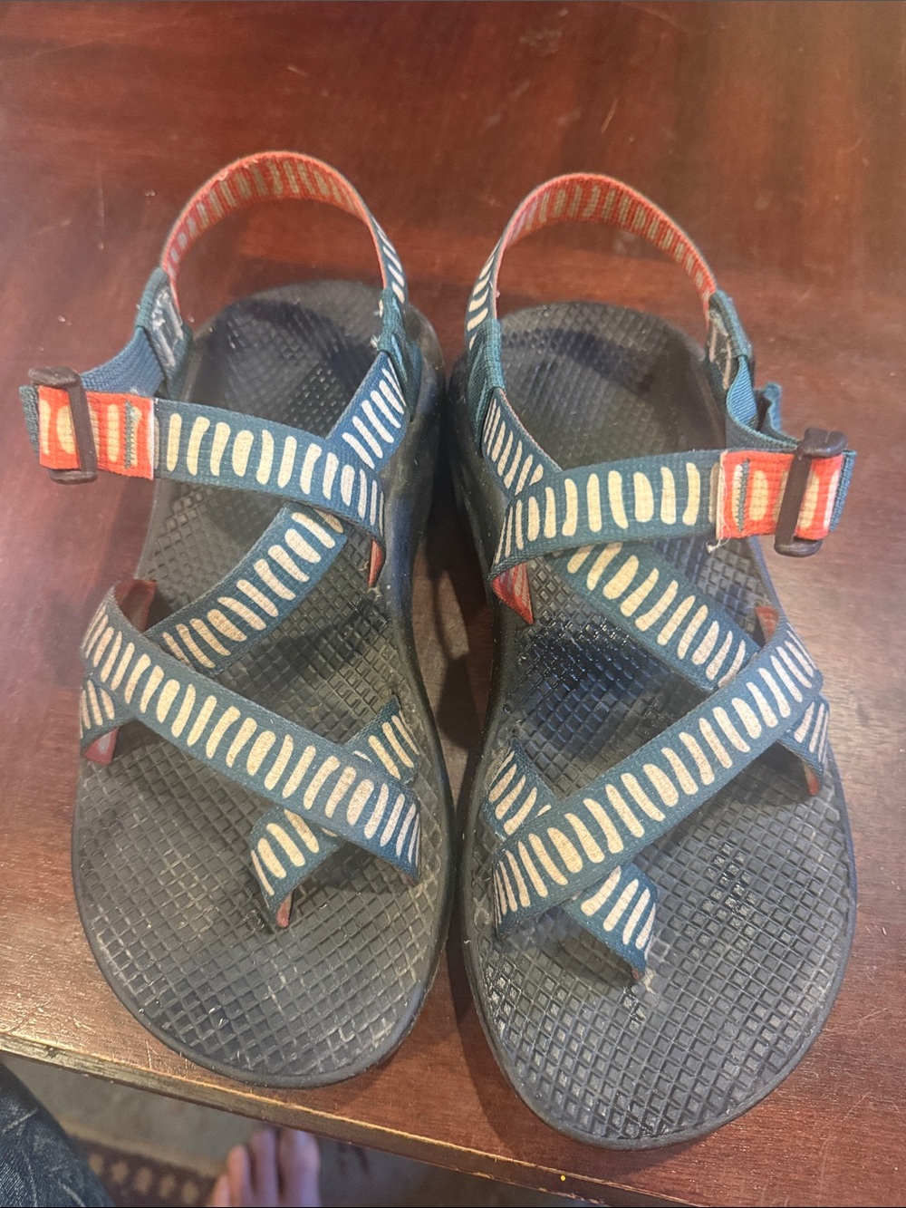 Custom Chaco W 8 Sandals with orange and teal colors